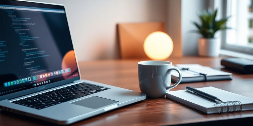 A modern workspace with a laptop and coffee.