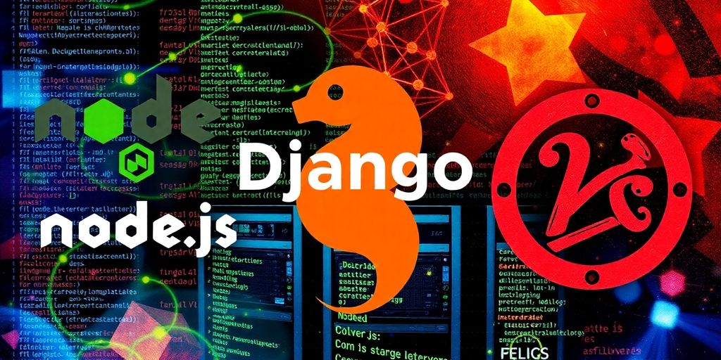 Collage of backend frameworks: Node.js, Django, Ruby on Rails.